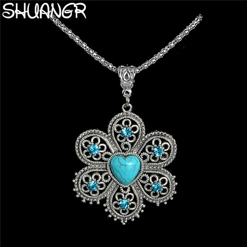 SHUANGR Wholesale Antique Silver Pendant Necklace Crystal Natural Stone Flower Necklace Sweater Chain Ethnic Vintage Accessories